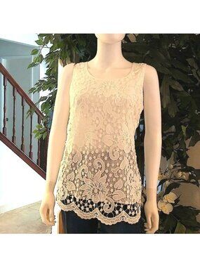 ROZ & ALI -WOMENS WHITE LACE FULLY LINE PULLOVER TANK TOP SIZE SMALL